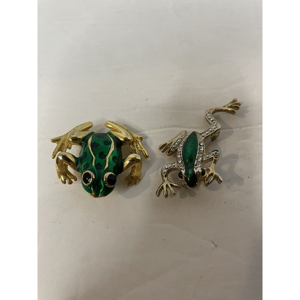 Frog Brooches Colorful Green And Gold Toned Designer One With Rhinestones.